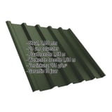 Damwandplaat T35MD chroomoxydegroen, 0,50 mm staal, met ingebedde specificaties over materiaal en garantie