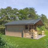 Damwandplaat T35MD Pelsgrijs als dak op een tuinhuis met luifel