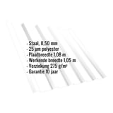 Damwandplaat T35MD zuiverwit, infografiek met materiaal, dikte, coating en afmetingen
