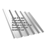 Damwandplaat T35MD lichtgrijs 0,75 mm, met ingebedde productgegevens over materiaal, coating en garantie