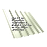 Damwandplaat T35MD in Grijswit (RAL 9002) met ingebedde specificaties voor materiaal, dikte en coating