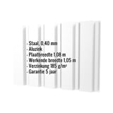 Damwandplaat T35M Aluzink, 0,40 mm, met ingebedde specificaties over materiaal, breedte en garantie