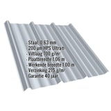 Damwandplaat T45/333M dak Venstergrijs met ingebedde productgegevens zoals materiaal, dikte en coating