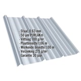 damwandplaat T45/333M staal 0,63 mm zilver-metallic met PURLAK® coating en anti-condensvilt, belangrijke gegevens ingebed
