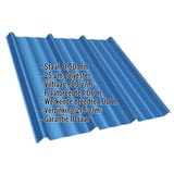 Damwandplaat T45/333M Gentiaanblauw, 0,50 mm, met ingebedde gegevens over materiaal, coating en afmetingen