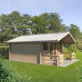 Damwandplaat T45/333M Zuiverwit RAL 9010 als dak op een tuinhuis