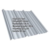 Damwandplaat T45/333MD in Venstergrijs (RAL 7040) met ingebedde productgegevens zoals materiaal, dikte en coating