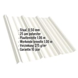 Damwandplaat T45/333MD in Zuiverwit RAL 9010 met ingebouwde productgegevens over materiaal en coating