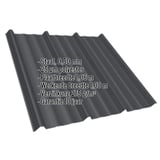 Damwandplaat T45/333MD Gitzwart (RAL 9005) 0,50 mm, met ingebedde specificaties over materiaal en afmetingen