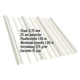 Damwandplaat T45/333MD zuiverwit met ingebedde productgegevens over materiaal, dikte en coating