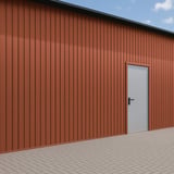 Damwandplaat T7M wand Koperbruin 0,50 mm PURLAK op een gebouwwand met deur