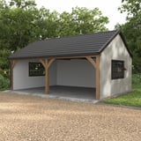 Damwandplaat T7M Grijswit, 0,63 mm, als wandbekleding op een carport met houten balken