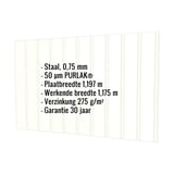 Damwandplaat T7M Grijswit, 0,75 mm staal met 50 µm PURLAK® coating, belangrijke productgegevens ingeblend