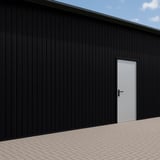 Damwandplaat T7M wand, zwart, gemonteerd aan een gevel met een witte deur
