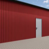 Damwandplaat T7M, kersrood, 0,40 mm, gemonteerd aan een gebouwwand met deur