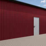 Damwandplaat T7M wand, wijnrood RAL 3005, 0,50 mm, gemonteerd aan een gevel met deur