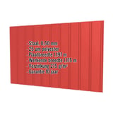Damwandplaat T7M wand Koraalrood RAL 3016 0,50 mm dikte met ingebedde productgegevens