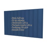 Damwandplaat T7M wand 0,50 mm Gentiaanblauw met ingebedde productgegevens over materiaal, coating en garantie