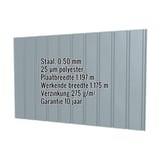 Damwandplaat T7M Pelsgrijs RAL 7000 met ingebedde specificaties voor materiaal, dikte en coating