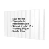 Damwandplaat T7M wand lichtgrijs met ingebedde specificaties voor materiaal, dikte en coating