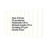 Damwandplaat T7M wand, Grijswit RAL 9002, met ingebedde specificaties voor materiaal, dikte en coating