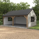 Damwandplaat T7M Grijswit als wandbekleding op een carport met houten balken