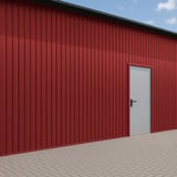 Damwandplaat T7M wand kersrood, 0,75 mm, als gevelbekleding met deur aan een gebouw