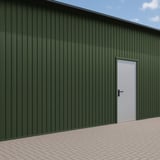 Damwandplaat T7M wand Chroomoxydegroen, 0,75 mm, als gevelbekleding op een gebouw met deur