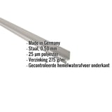 Sokkelprofiel staal Grijswit, 0,50 mm, met ingebedde productdetails over materiaal en coating