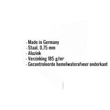 Infographic met eigenschappen van de plint: Made in Germany, staal 0,75 mm, aluzink, verzinking 185 g/m², gecontroleerde