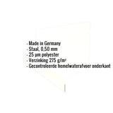 Infographic met specificaties: Made in Germany, staal 0,50 mm, 25 µm polyester, verzinking 275 g/m², gecontroleerde afvoer