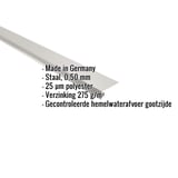 Dakgootprofiel Zilver-Metallic 0,50 mm, schuin van boven, met ingebouwde productgegevens over materiaal en coating