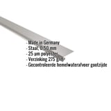 Dakgootprofiel van grijs aluminiumkleurig staal, 0,50 mm, met 25 µm polyestercoating en info als infografiek
