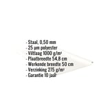 Felsplaat Zuiverwit RAL 9010, 0,50 mm, met ingebedde productgegevens over materiaal, coating en afmetingen