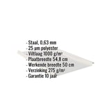 Staande felsplaat 33/500-LE Zilver-Metallic, infografiek met specificaties over materiaal, dikte, coating en garantie