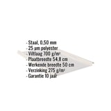 Staande felsplaat 33/500-LE, lichtgrijs, met ingebedde gegevens over materiaal, dikte en coating
