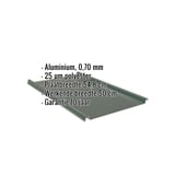 Felsplaat aluminium mosgroen, technische gegevens getoond: materiaal, dikte, coating, breedte, garantie