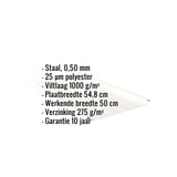 Infographic staalplaten 33/500-LR, zuiverwit, met specificaties voor materiaal, dikte en coating
