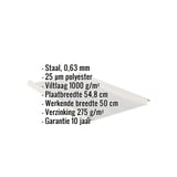 Felsplaat Zilver-Metallic met ingebedde gegevens over materiaal, dikte, coating en afmetingen