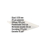 Staande felsplaat 33/500-LR, Grijswit RAL 9002, met ingebedde gegevens zoals materiaal, dikte en coating