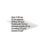 Felsplaat Zilver-Metallic met ingebedde gegevens over materiaal, dikte, coating en garantie