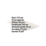 Felsplaat Grijswit RAL 9002 met ingebouwde productgegevens over materiaal, dikte en coating
