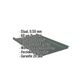 Felsplaten 33/500-LR in mosgroen, infografiek met specificaties over materiaal, coating en afmetingen