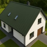 Huis van bovenaf met dak van staande felsplaat PD-510-S trapezium in chroomoxide groen