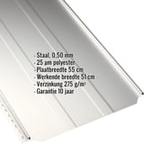 Staande felsplaat PD-510-S trapezium, zuiverwit, met ingebouwde productgegevens over materiaal, dikte en coating