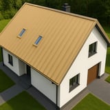 Huis met felsplaat PD-510-S Micro Zandgeel (RAL 1002) dak van bovenaf