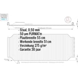 Technische tekening staande naad dakpaneel PD-510-S met specificaties: staal 0,50 mm, 50 µm PURMAT®, plaatbreedte 55 cm,