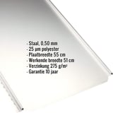 Felsplaat PD-510-S vlak, zuiverwit, met ingebedde gegevens over materiaal, dikte en coating