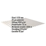 Golfplaat 18/1064 lichtgrijs met ingebedde gegevens over materiaal, dikte, coating en afmetingen