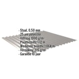 Golfplaat 18/1064, grijs aluminiumkleurig, met ingebedde specificaties voor materiaal, dikte en coating